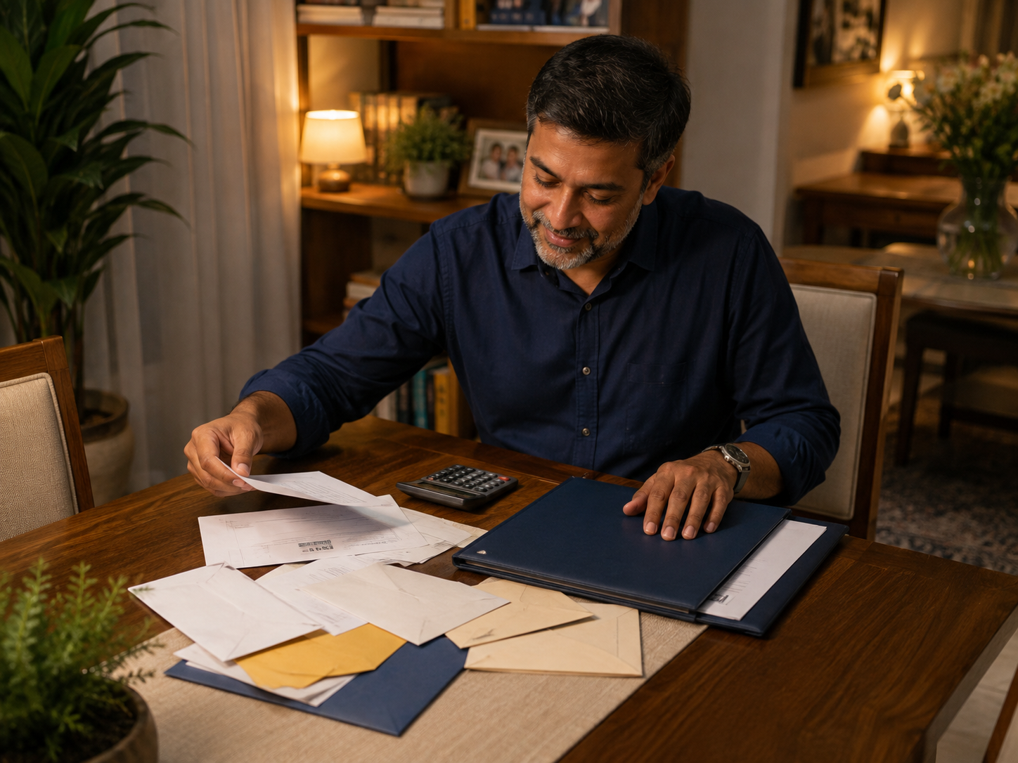 A man reviewing bills and statements at his dining table in the evening