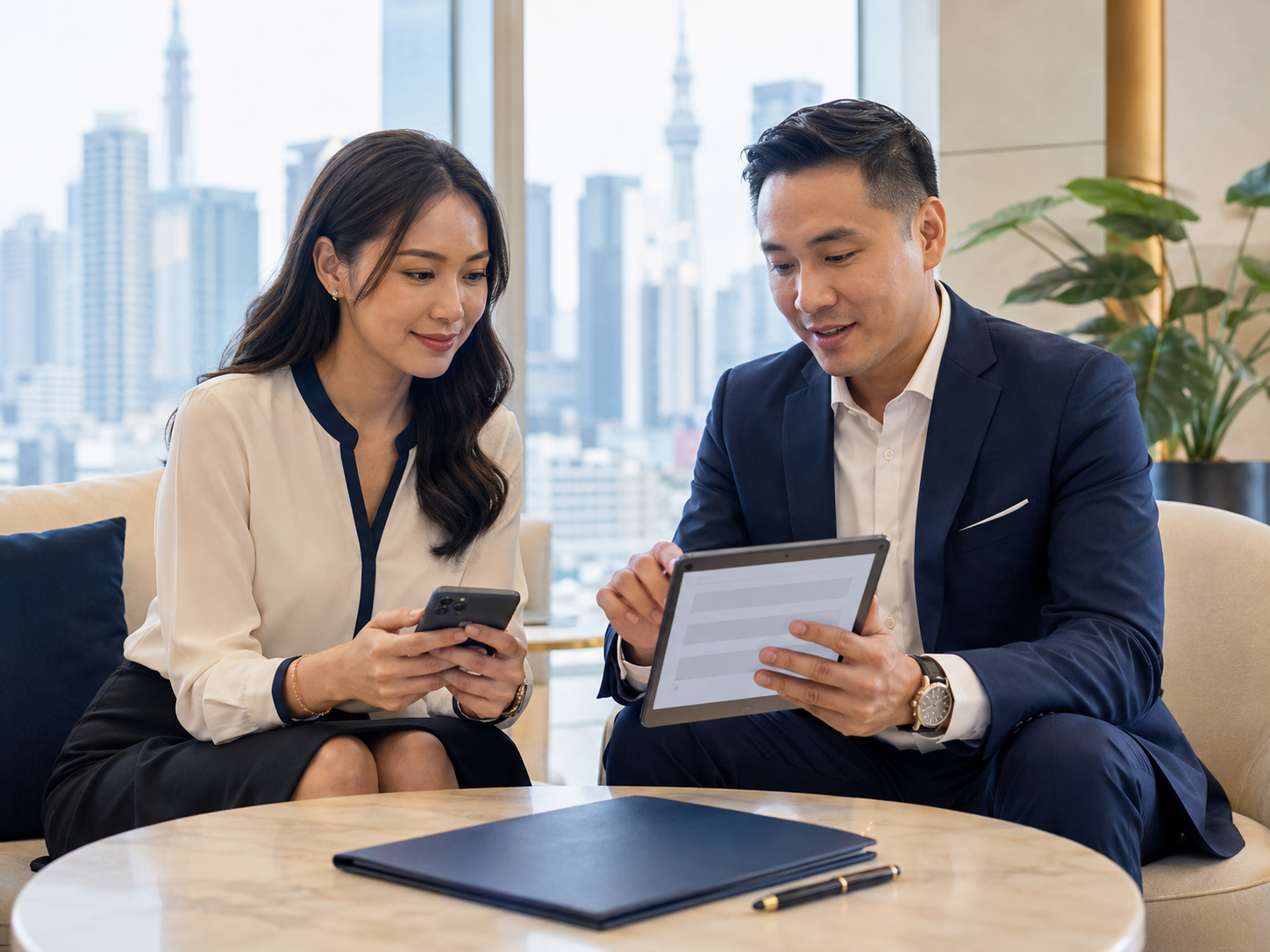 An adviser and client reviewing personal loan options with a Kuala Lumpur skyline behind them