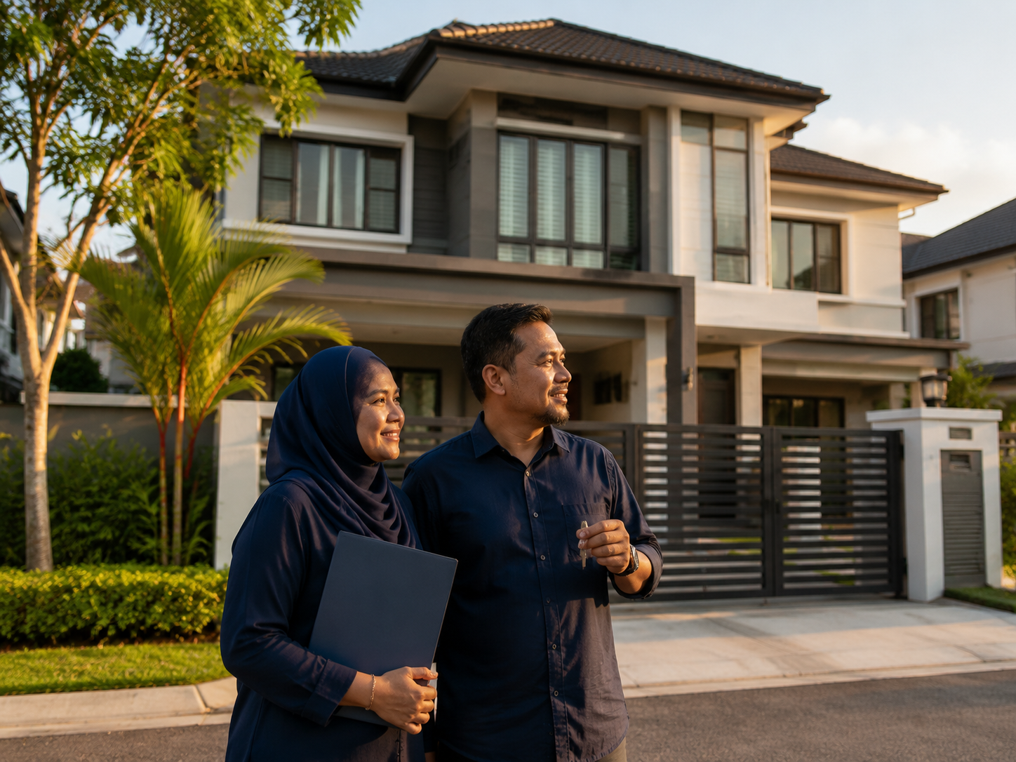 A couple standing with their house keys in front of their home